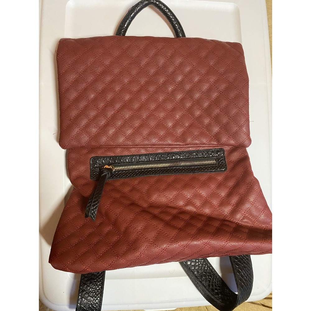 Burgundy Quilted Zip Backpack Purse w/ Outer Zip Pocket, Black Straps, Gold